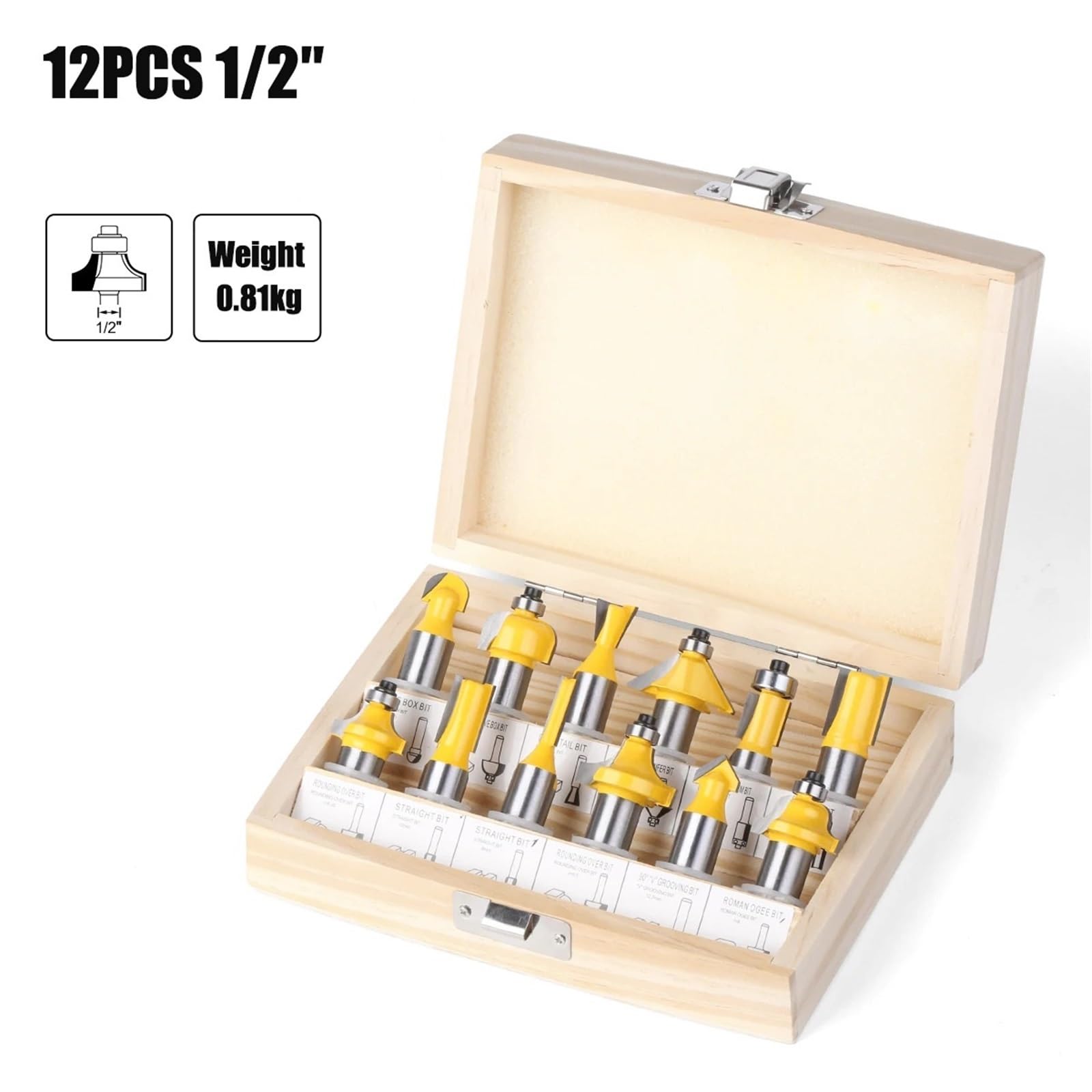 Zestaw 12 bitów trzpieniowych do frezów do obróbki drewna, frezów prostych, węglików spiekanych, narzędzi do grawerowania(12PCS 12.7mm in Box)