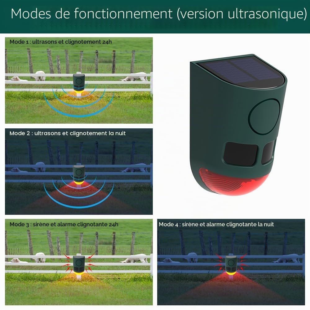 Alarme extérieur solaire à détecteur de mouvement – Bruit sonore de 129 dB, détecteur de mouvement multibande haute fréquence à ultrasons avec lumière stroboscopique, pour la cour, la ferme, le jardin