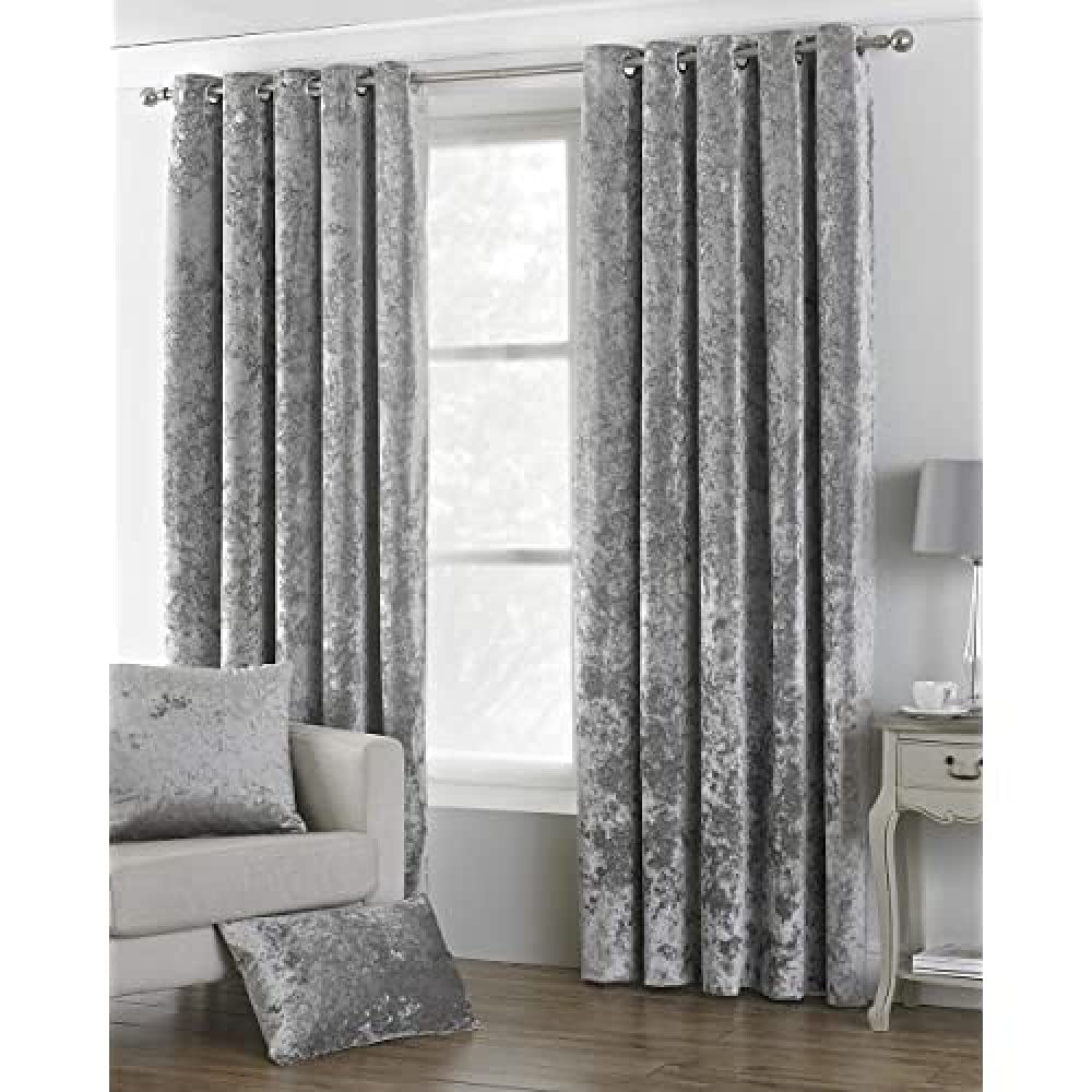 Paoletti Verona Crushed Velvet Curtains - Silver - 168x137cm - Polyester - Ringtop Eyelet