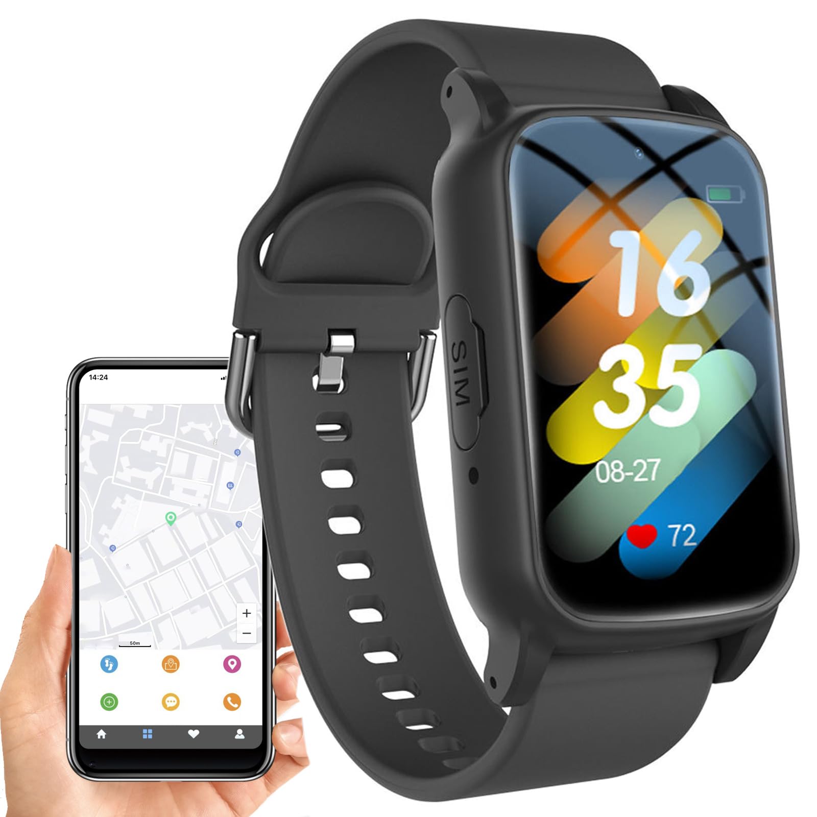 Smartwatch SOS, Orologio Intelligente con Allarmeper Anziani con Rilevamento di Avvisi di Caduta E Posizione GPS, Telesoccorso Anziani Braccialetto,Black