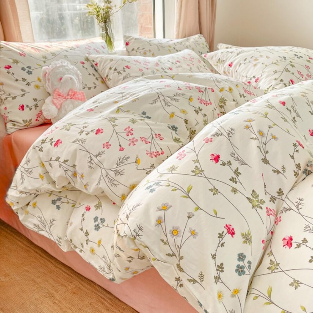 Nayoroom Bettwäsche 100% Baumwolle Blumen Kleine Blumenmuster Bettzeug Set Mädchen Blumenwiese Aesthetic Cute Pflanzenmuster Wendebettwäsche mit Reißverschluss und Blümchen Kissenbezüge