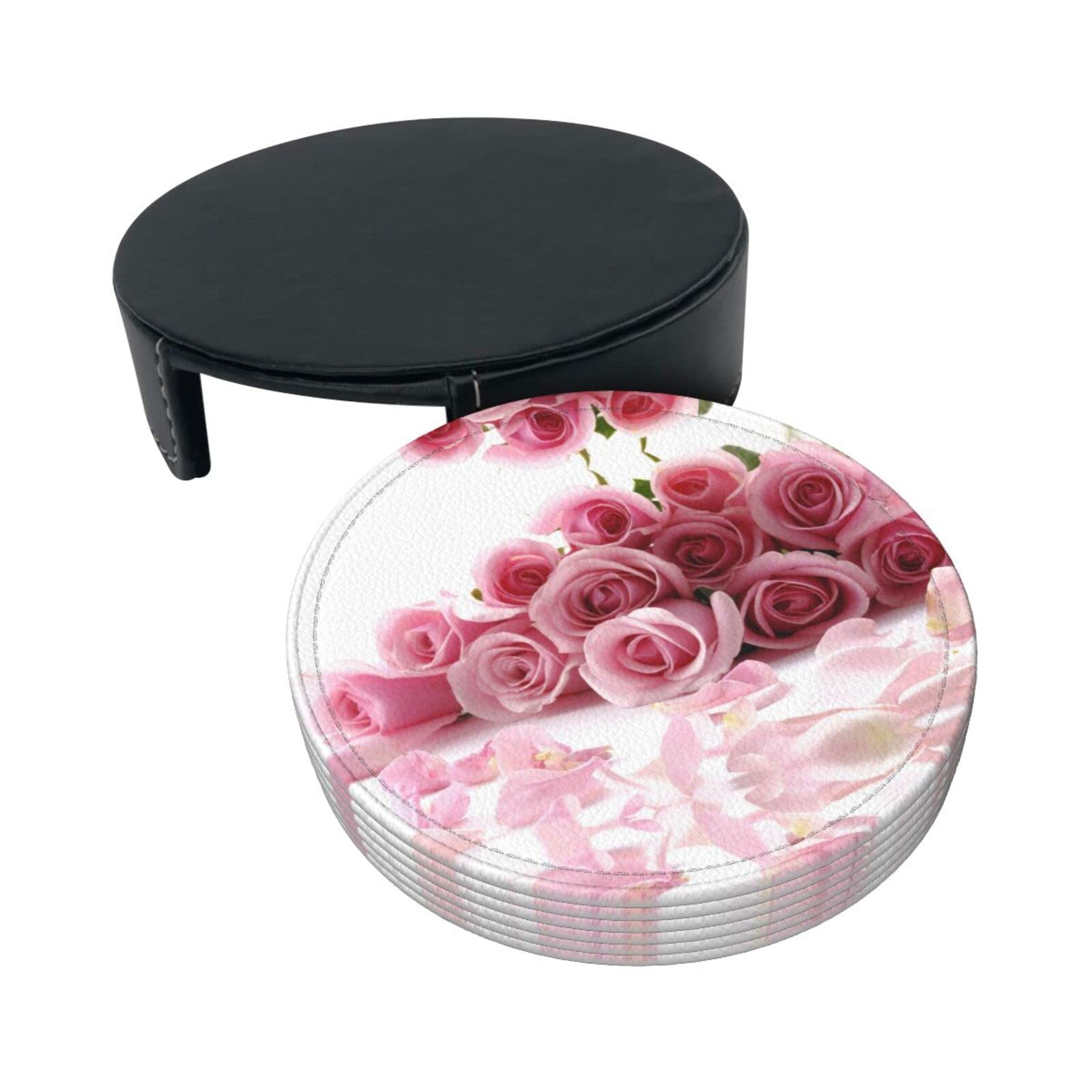 Lederen onderzetters met houder aquarel bloemenpatroon onderzetters voor drankjes set van 6 ronde onderzetters voor tafelbescherming dranken onderzetter beker mat pad voor thuis onderzetter set voor