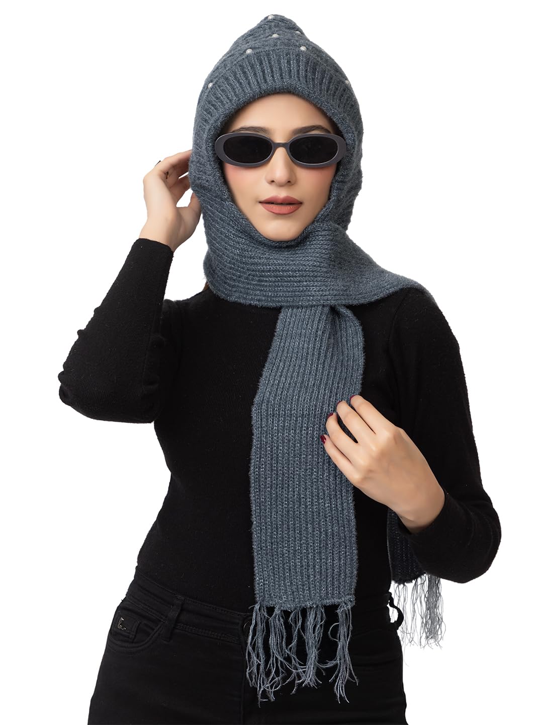 AMOLDO Women's Winter Woolen Soft Warm Knitted Pearls Muffler Beanie Cap With Fur | Fleece Pearl Hat With Attached Scarf For Cold Weather