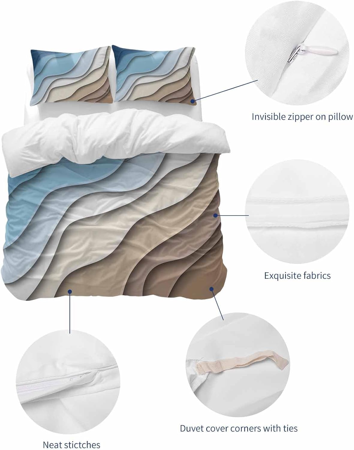 LooPoP Duvet Cover Set California King Size Blue Brown Modern Geometric Comforter Sets 3 Pieces, Ombre Blue Abstract Bedding Set with Zipper Closure and 2 Pillow Cases, Soft Bed Covers Bedroom Decor