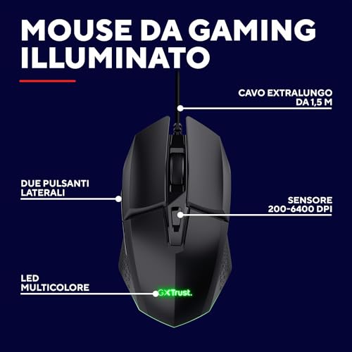 GXT 109 Felox Mouse Gaming con 6 Pulsanti Programmabili, Illuminazione LED Multicolore, Software Incluso, 200-6400 DPI, Mouse con Filo USB 150 cm per PC, Portatile, Computer - Nero - Mouse gaming - Immagine 1