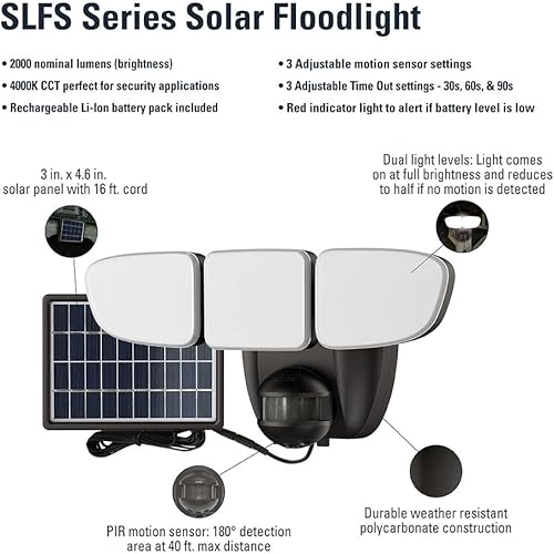 Miniatura 4 de HALO Luz de inundación LED solar para exteriores con sensor de movimiento de 180 grados de inundación y seguridad Triple Head Light 2000 lúmenes