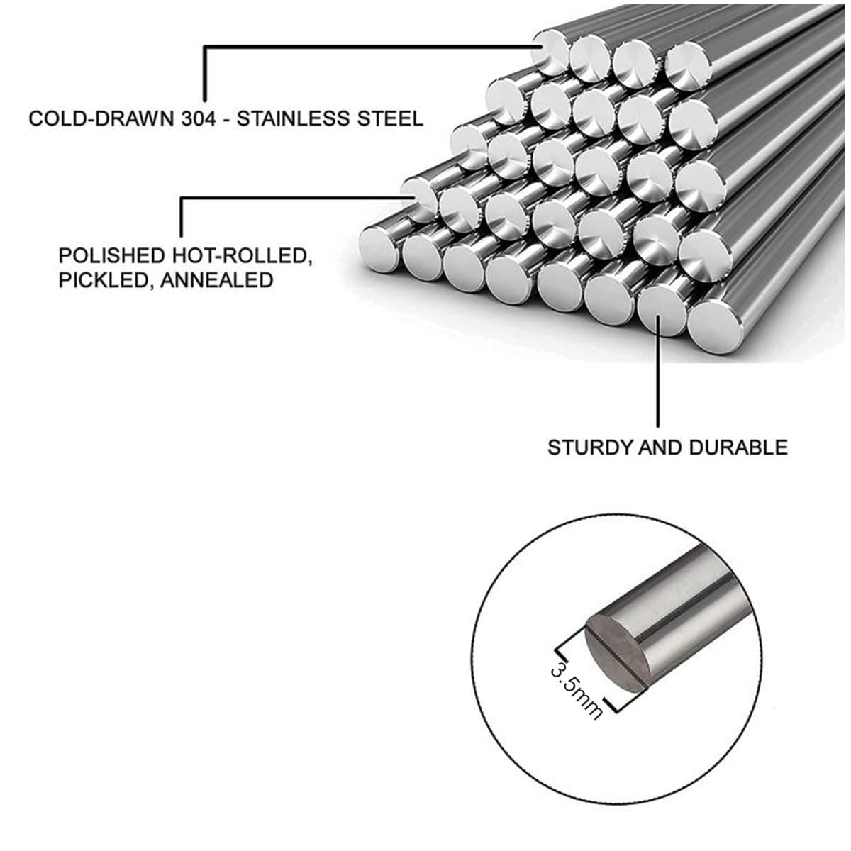 Pręty metalowe Pręt okrągły ze stali nierdzewnej 304 Okrągłe pręty ze stali nierdzewnej, 4 szt. Średnica 3,5 mm, pręty tokarskie, asortyment do majsterkowania, długość 500 mm
