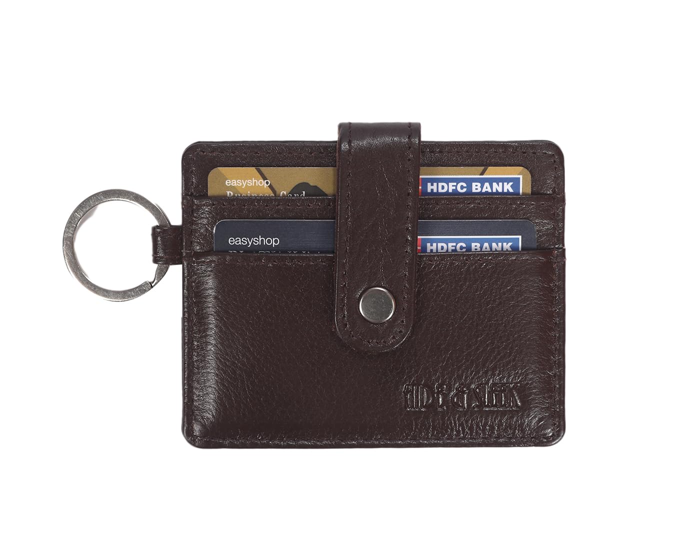 hide & sleek Genuine Leather RFID Card Holder with Dual-Sided Card Slots, Center Cash Slot, and Key Ring (Brown)-picture-51