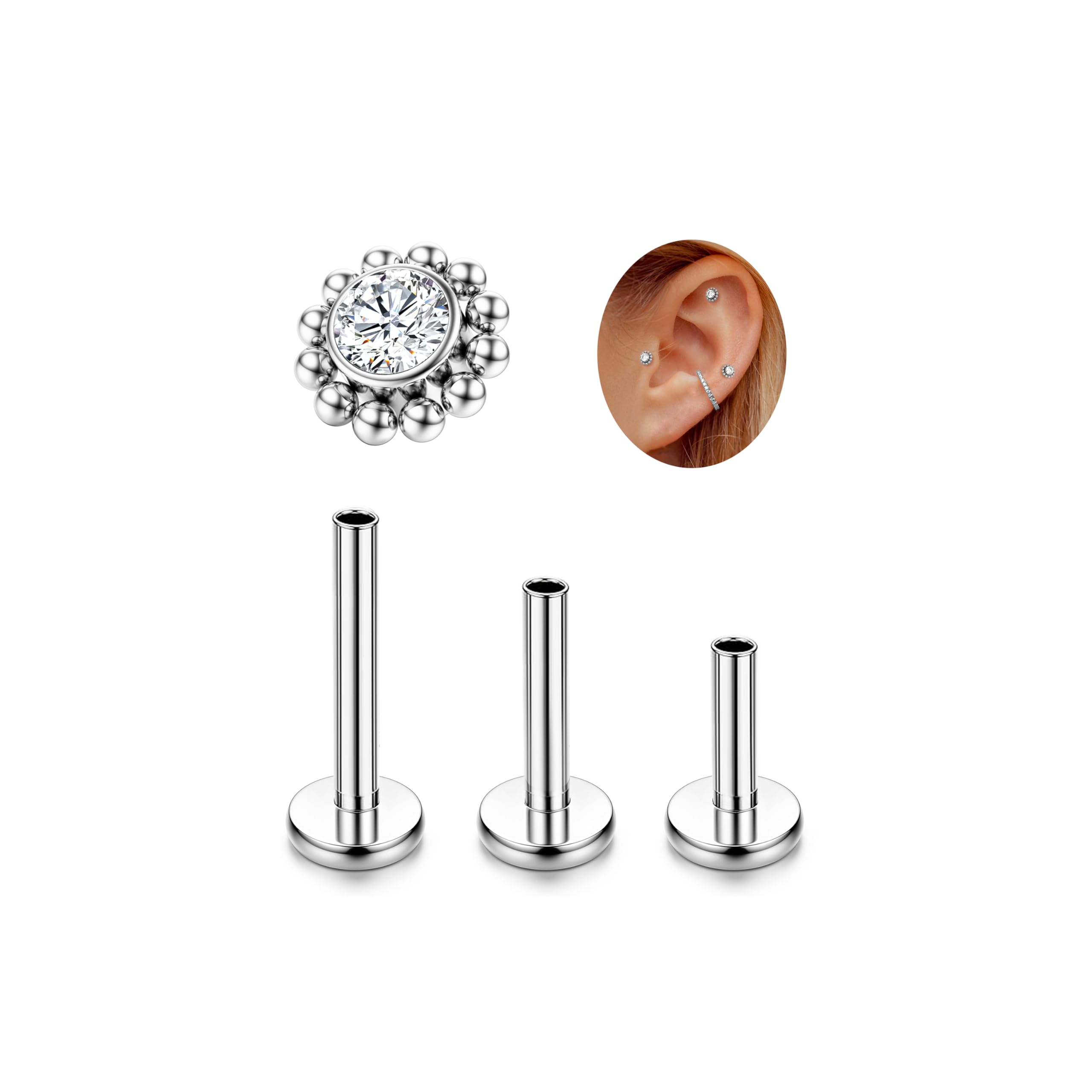 LOLIAS 16G G23 Titanium Tragus Conch Helix Piercing Jewelry 6mm 8mm 10mm - Internally Threaded Flat Back Stud Cartilage Earrings Hypoallergenic