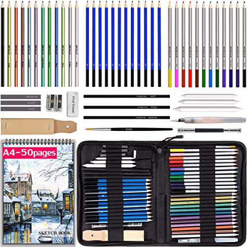 Drawing Pencils with Sketchbook 50 Pages, Colored Pencils 53pcs Set in a Portable Zipper Case, Watercolor n Metallic Pencils, Sketch Pencils n Accessories Included for Kids n Adults, Beginners n Pros