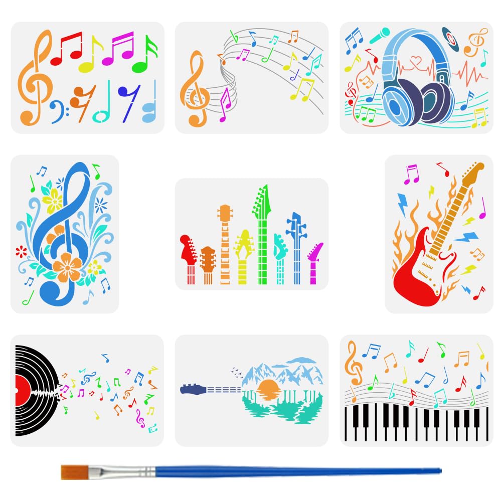 FINGERINSPIRE 9 Pcs Music Notes Stencil with Paint Brush 11.7x8.3inch Guitar Headphones Piano Vinyl Record Treble Clef Drawing Template Music Theme