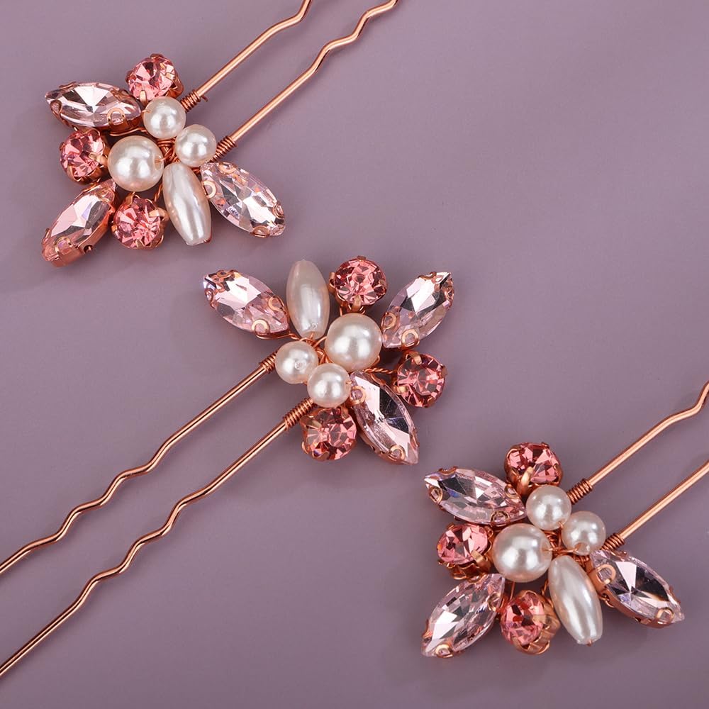 Juego de 6 horquillas de cristal rosa para mujeres y niñas, para boda, novia, peinado, joyería hecha a mano (rosa)