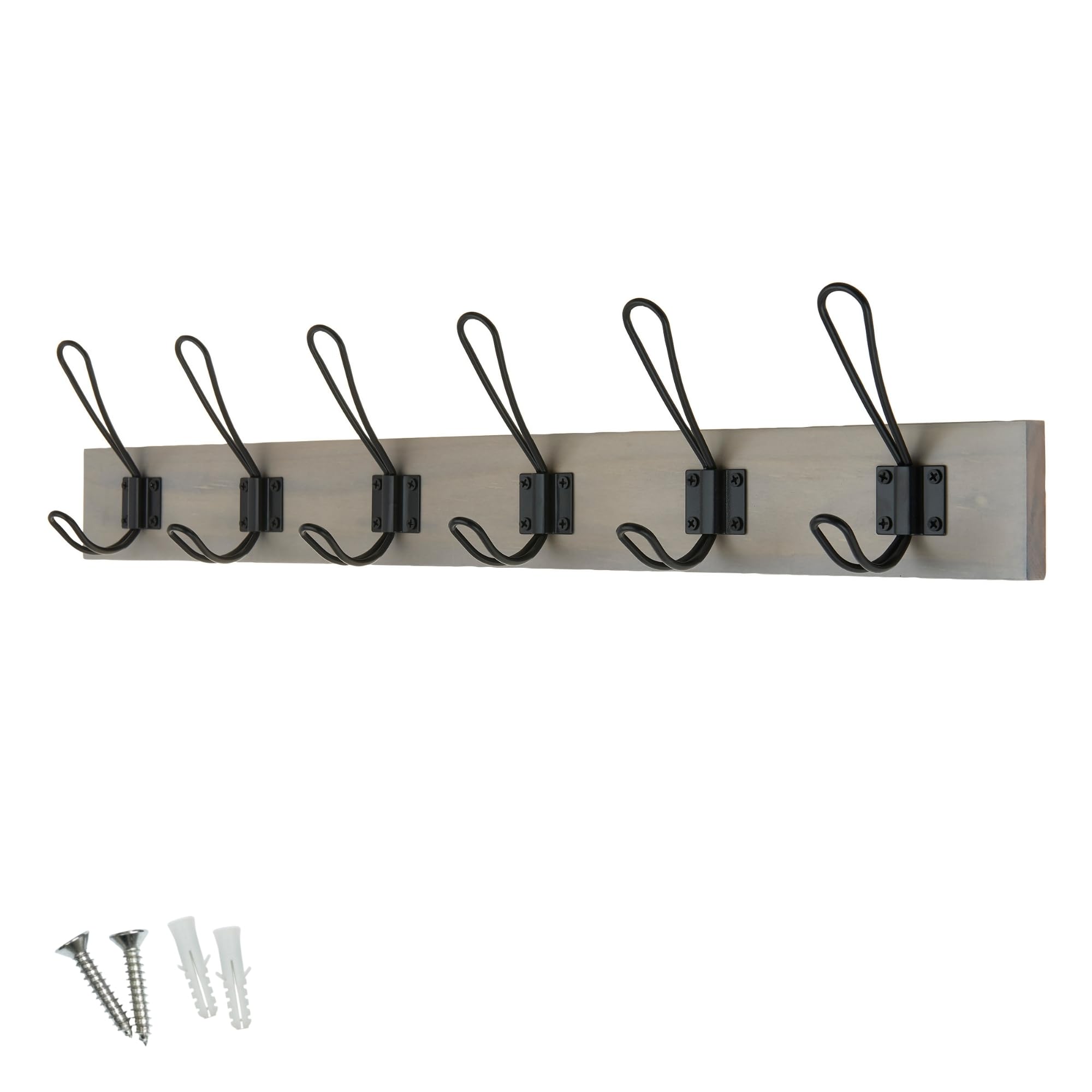 Keypak Light Grey Ash Rustic Wall Mounted Coat Rack, Double Wire Hooks On Wooden Base, Ideal For Entryway Hallway Living Room Bathroom, Fixings Included (6 Hooks, )