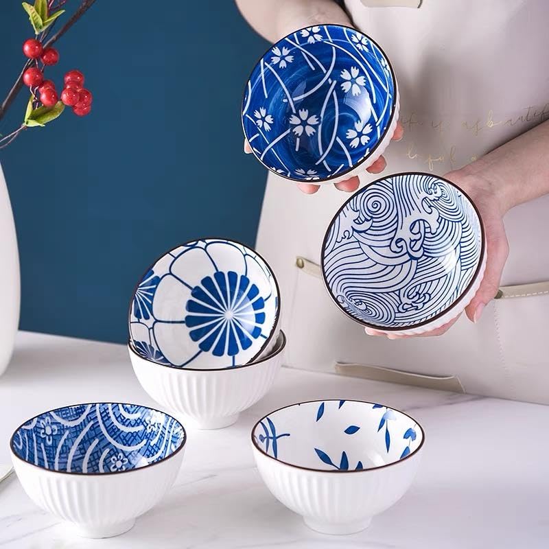 Image of Premium Ceramic Bowl Japanese Style Porcelain Rice, Soup & Dessert Bowls - Assorted Floral & Wave Patterns - Microwave & Dishwasher Safe - Gift Box Packaging (Blue & White Printed, PACK OF 6)