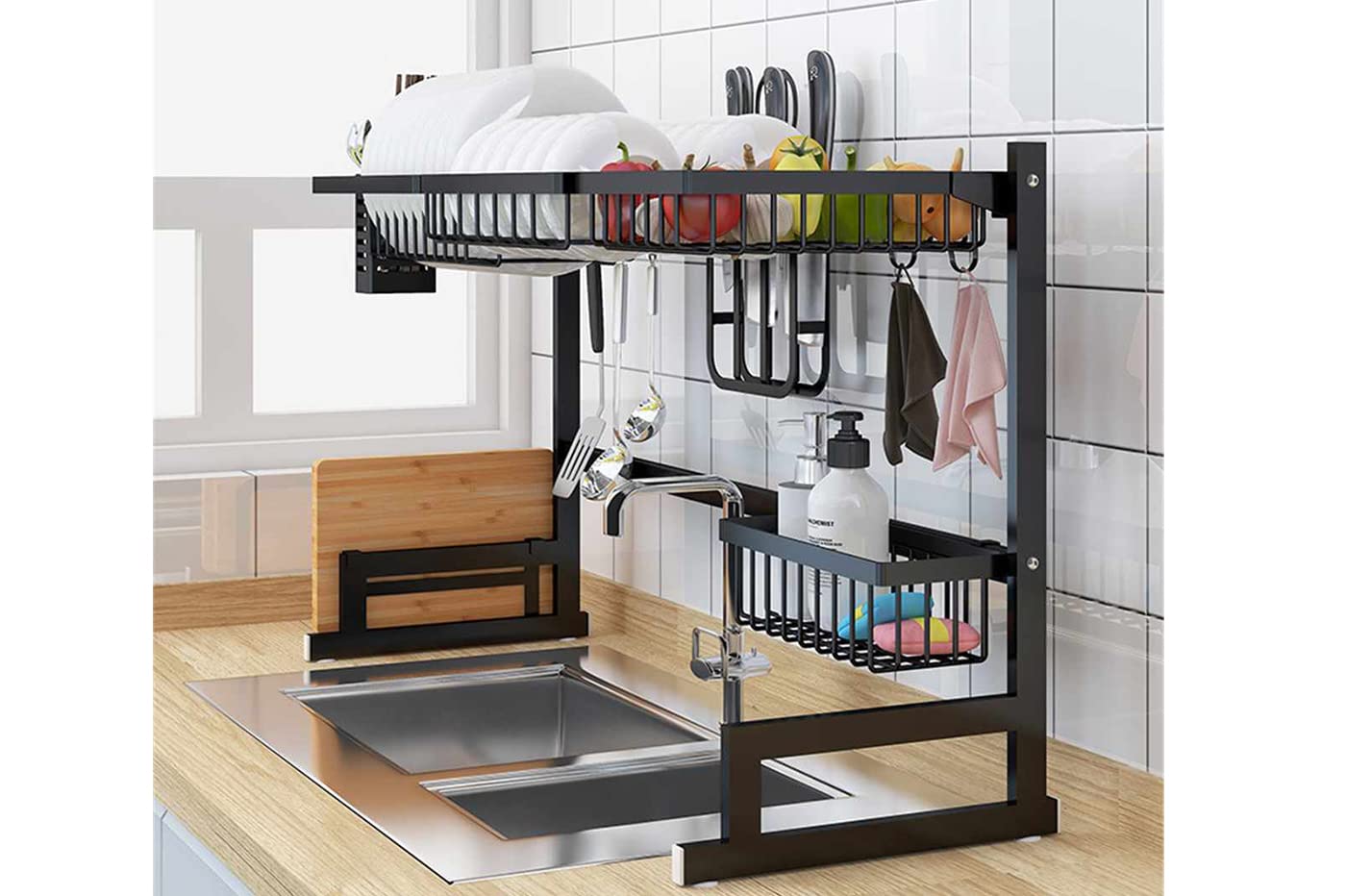 YASTA Scolapiatti da Appoggio Gocciolatoio Nero per Lavello Griglia Porta Utensili da Cucina Organizer Salvaspazio