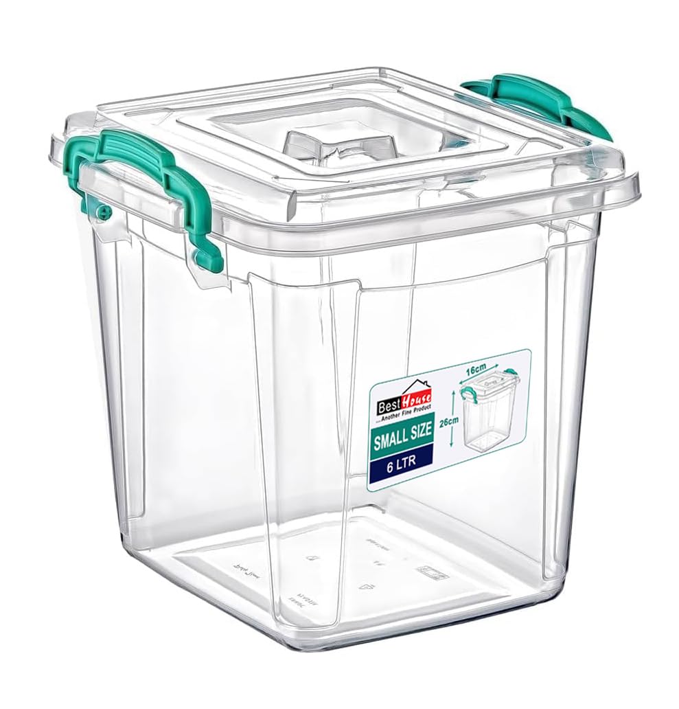 Best House | Plastic Storage Box with Clips & Lids | Size: 6L (L:26cm W:26cm H:16.8cm) | Set of 1 | Square Shape | Stackable Clear Durable Multipurpose Office Home Kitchen Tools Crafts ((SMALL Size) — image 1