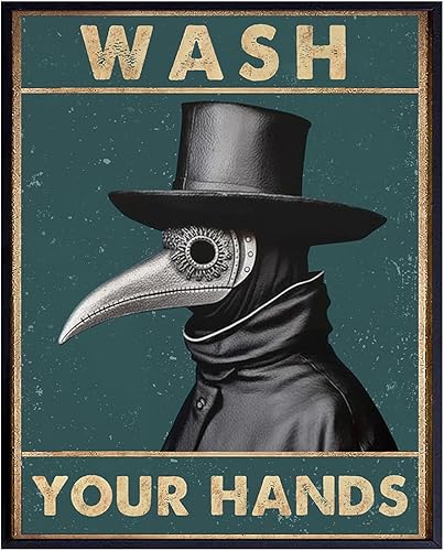 Bathroom Sign Plague Doctor Decor - Wash Your Hands Gothic art funny Sayings, Quotes - Crow Raven Creepy Bathroom Decor Wall Art - Medieval Powder