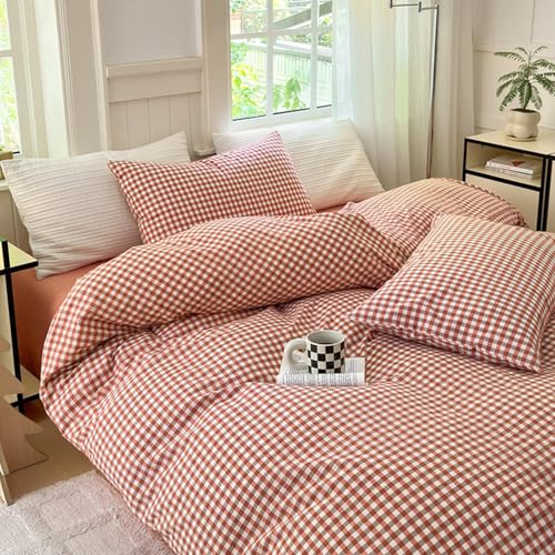 Image of LifeTB Gingham Comforter Set Full Modern Style Red Orange Grid Plaid Comforter Soft Fluffy 3 Pieces Checkered Pattern Comforter Set Farmhouse Orange Gingham Bedding Comforter with 2 Pillowcases