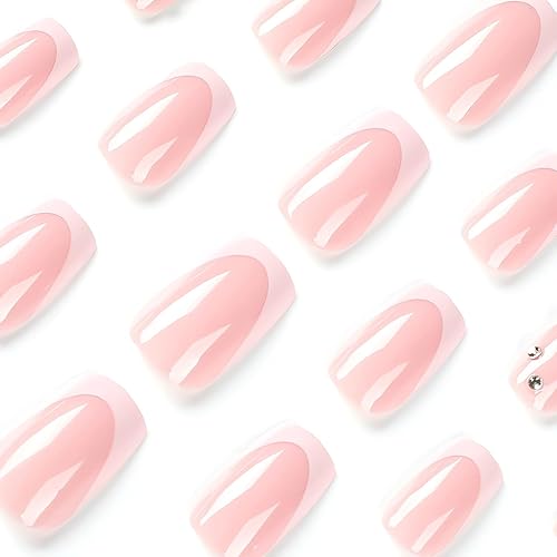 Miniatura 2 de 24 uñas postizas a presión de color rosa, medianas, de forma cuadrada, con pegamento, uñas postizas francesas blancas, uñas postizas simples y
