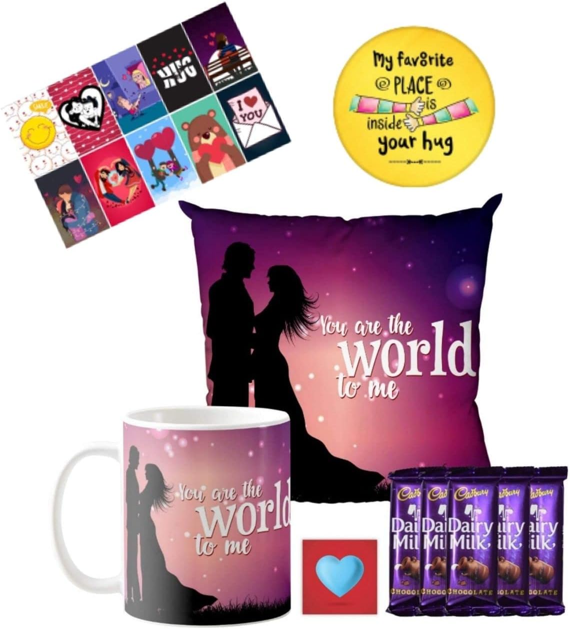 TheYaYaCafe Valentine Day Gifts Set of 6 Hamper with Mug, Cushion (with Filler), Coaster, 10 Dairy Milk Chocolates(7g) Love Post Card, Fridge Magnet Combo - You arae The World to Me