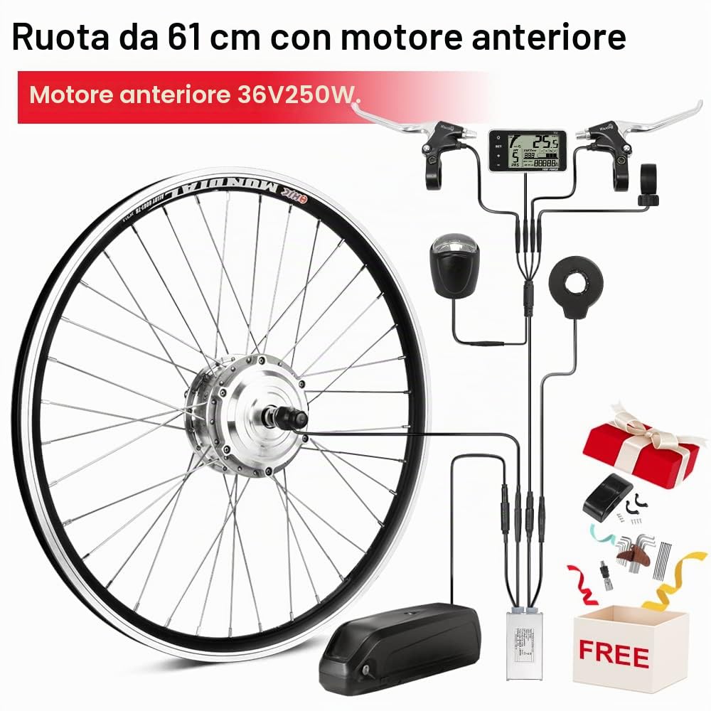 Season 250W Kit Conversione Bici Elettrica 36V Ruota Anteriore da 20/24/ 26/28/ 700c Pollici Set Motore con LCD Sensore di Assistenza Pedalata