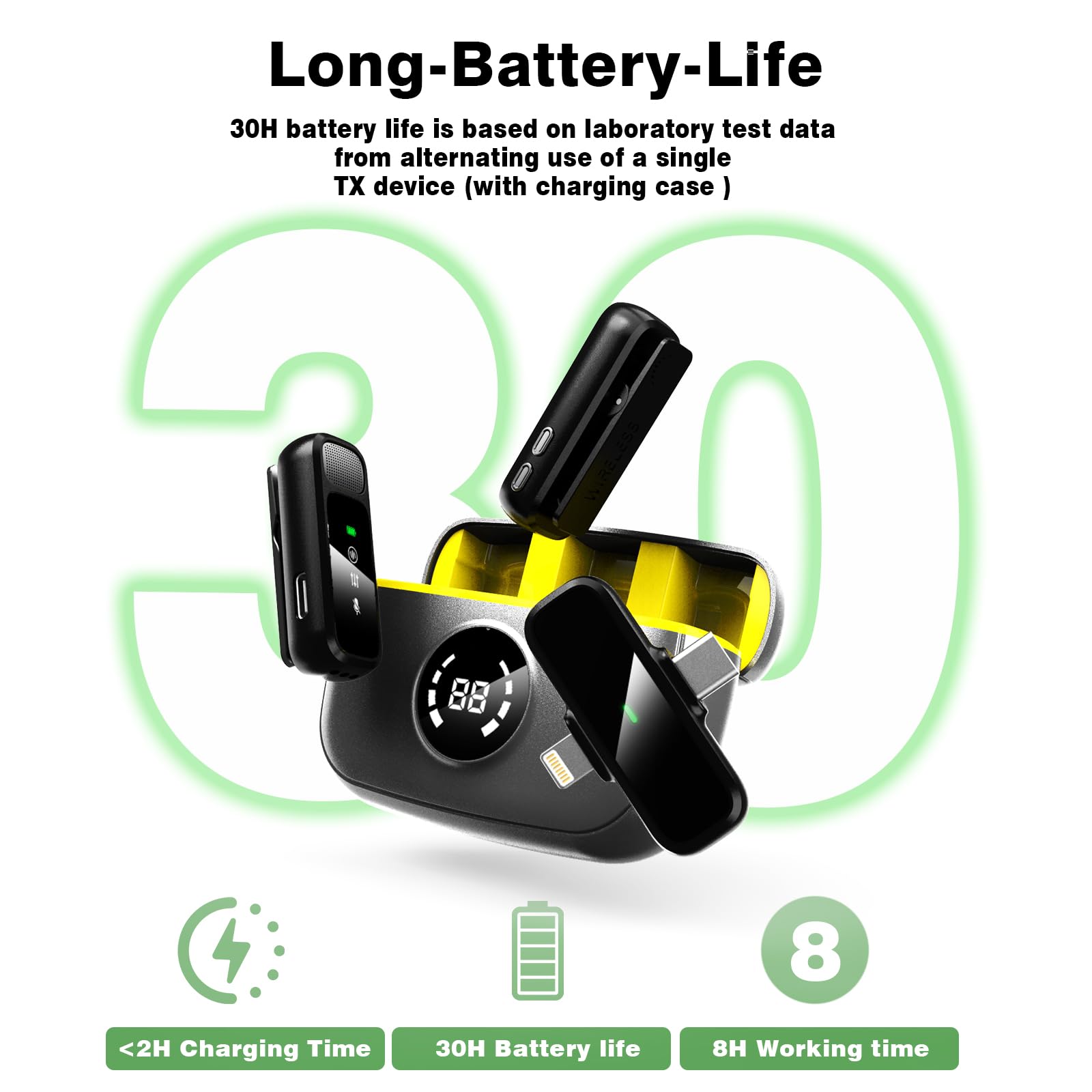 Microfono lavalier wireless per iPhone/Android, doppio mini microfono con cancellazione del rumore con custodia di ricarica (30H), USB-C/Lightning microfono a clip per registrazione video