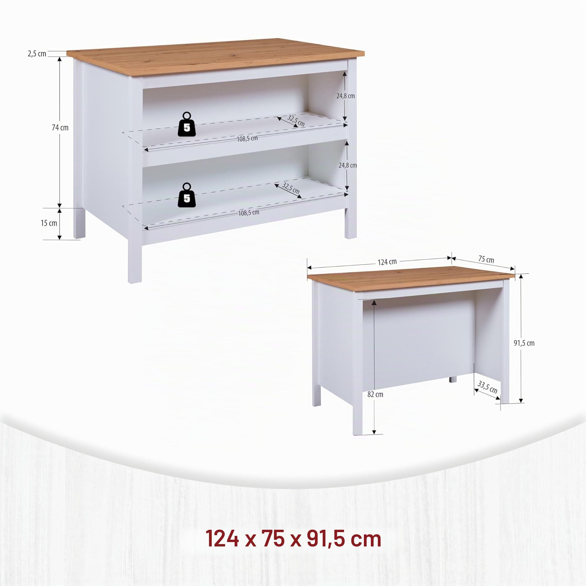 Inter Link - Ilot de cuisine - Ilot central - Plan de travail - Meuble de cuisine avec étagères - Mélaminé - Longueur 124cm - Hauteur 82 cm - Profondeur 75 cm - Julina - Blanc/Chêne Artisan