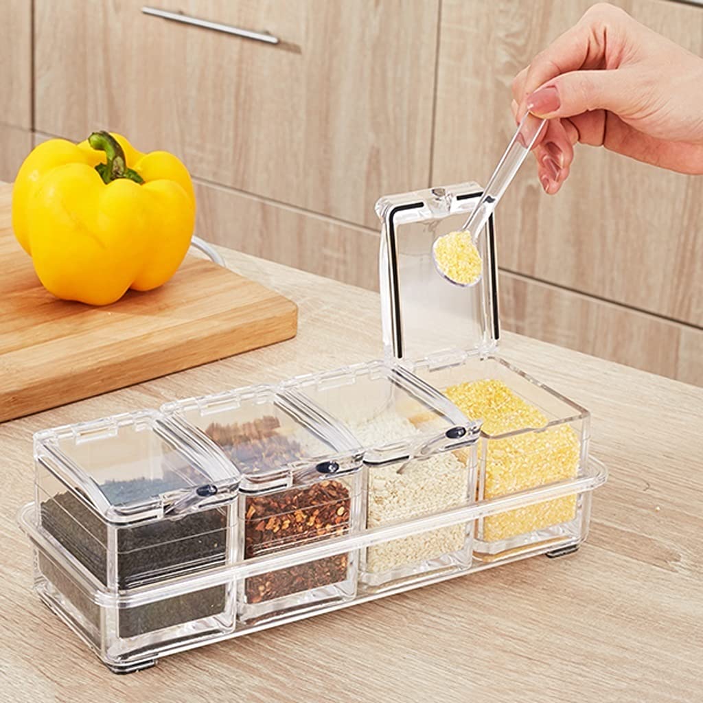 Portaspezie per lattine per condimenti Scatola Trasparente per condimenti, 4 Pezzi Contenitore Trasparente per condimenti per ampolle per spezie, Sale e Zucchero, Set di
