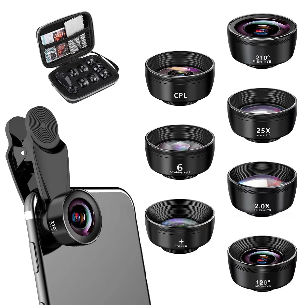 KASTWAVE Phone Lens Kit, 7 in 1 - Fisheye, Macro, Wide Angle, Telephoto, CPL, Kaleidoscope, Starburst Lens for iPhone, Samsung, Android Smartphones