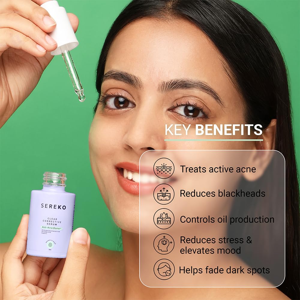 Sereko Clear Corrective Serum with 2% Encapsulated Salicylic Acid BHA & 3% Azelaic Acid | Active Acne | Reducing Sebum Production | Pigmentation & Dark Spots for Oily | Acne-Prone Skin 30ml - Pack 1 1