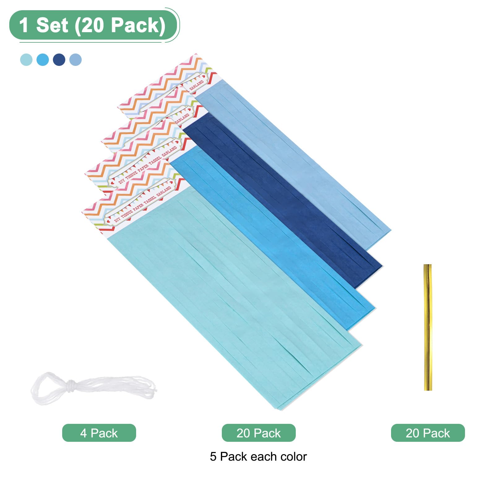M METERXITY Quasten-Girlande mit Seil, Seidenpapier, 35,5 cm, Quasten-Girlande, Dekoration, Quasten, Banner für Jahrestag/Hochzeit, Geburtstag/Party [Hellblau, Himmelblau, Dunkelblau, Seeblau]