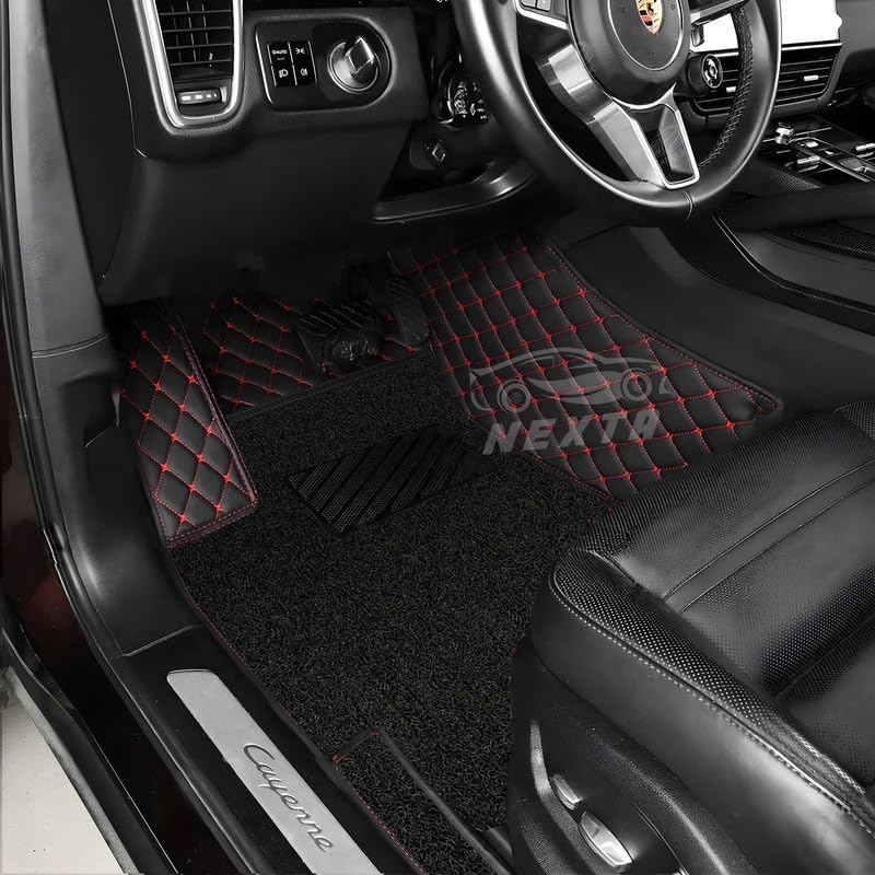 Image of NEXTA Premium Faux Leather 7D Car Floor Mats for Tata Hexa 7 Seater|| Luxury Leather with Grass Mat Complete Set || 100% Waterproof and Washable (Color Black & Red)