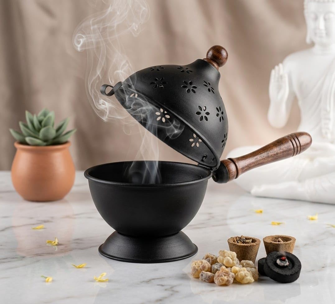 Decorative Iron Dhoop Dani with Wooden Handle Incense Holder | Floral Cutwork Lid, Hinged Cover Design, Matte Black Finish, Meditation & Puja Use, Traditional Style-image-18