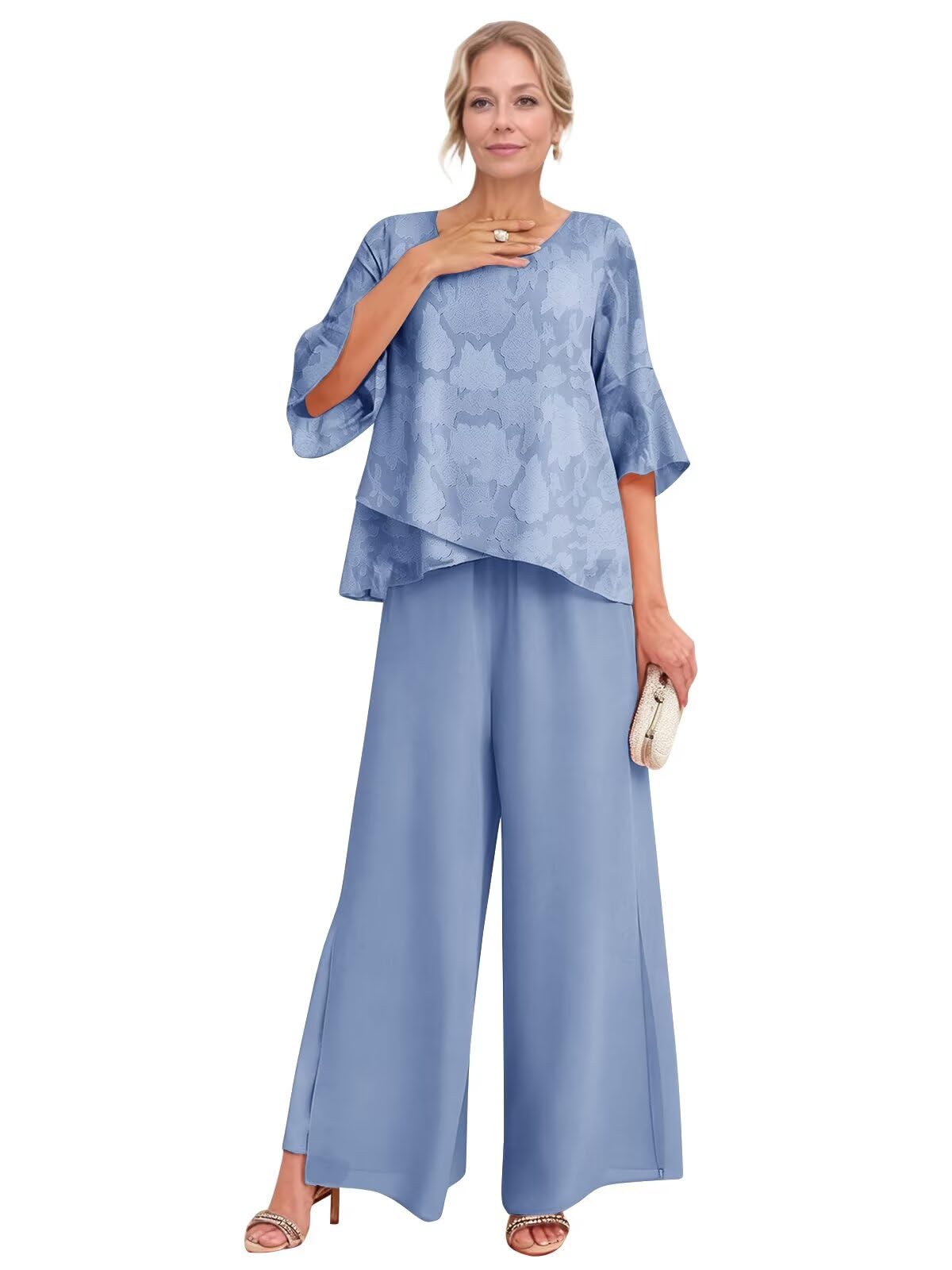 2 Pieces Chiffon Mother of The Bride Pant Suits for Wedding Short Sleeve Formal Pant Suit Wedding Guest