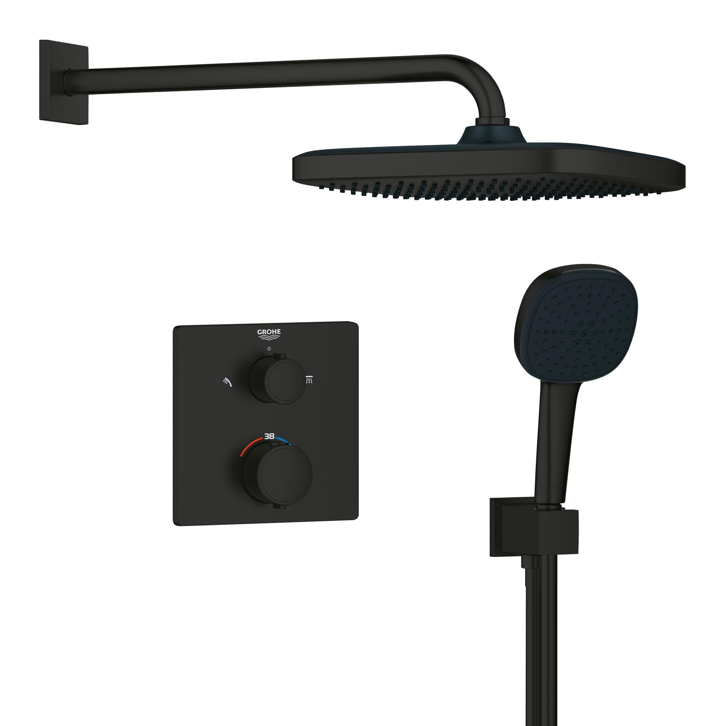 GROHE Precision 250, Unterputz Duschsystem (25cm Regendusche mit Thermostat, Kopfbrause 1 Strahlart, Duschkopf 2 Strahlarten, Komplettset, 1,50m Duschschlauch), eckig, schwarz, 348822430