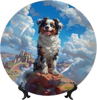 Australian Shepherd smile print Decorative Bone China Plate with Display Stand, Available in Sizes 6 to 10 Inches, Premium Ceramic Ornament for Home, Office, Kitchen Table, Wall Decor, 6in