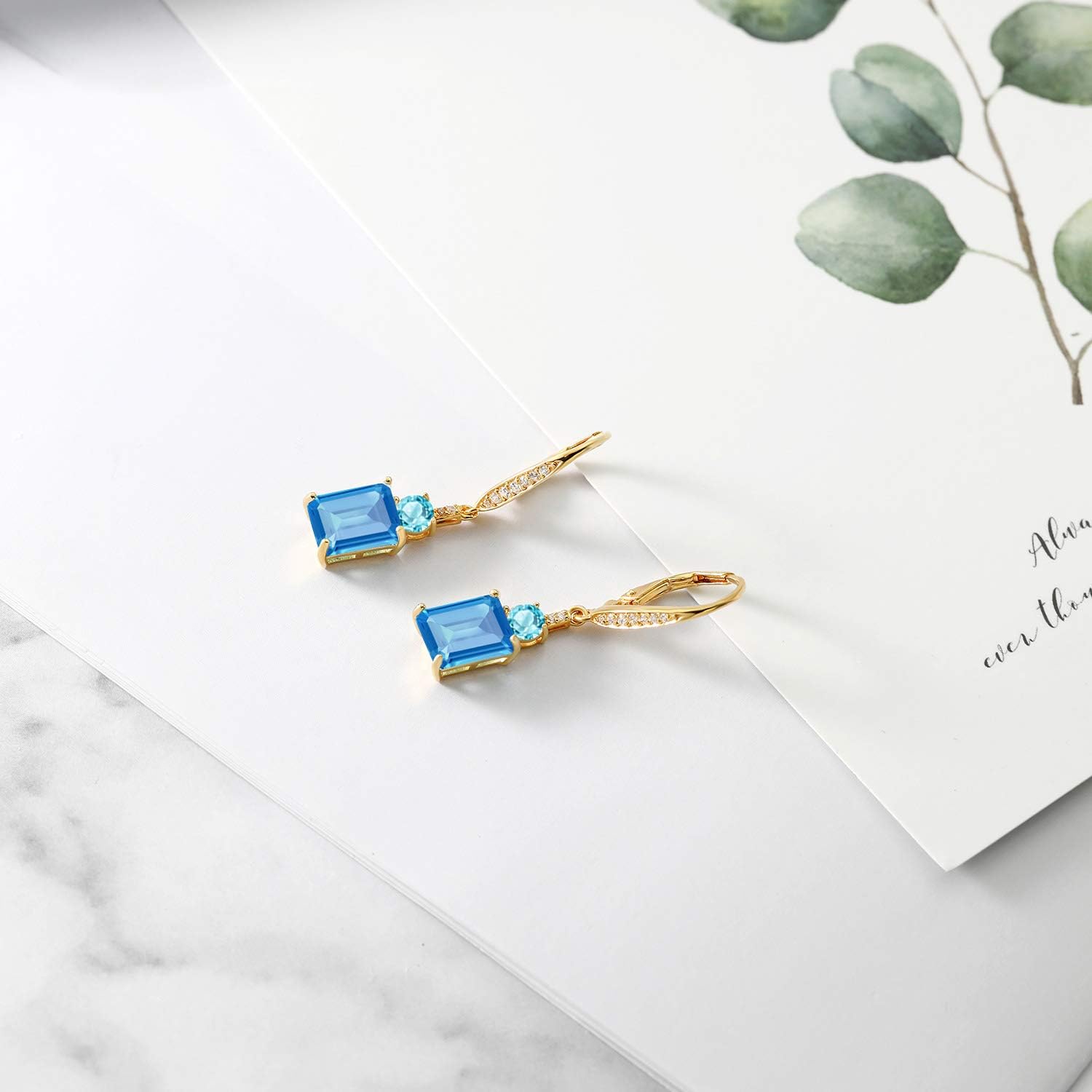 Gem Stone King 18K Yellow Gold Plated Silver Swiss Blue Topaz Dangle Earrings For Women (5.71 Cttw, Gemstone November Birthstone, Emerald Cut 9X7MM)