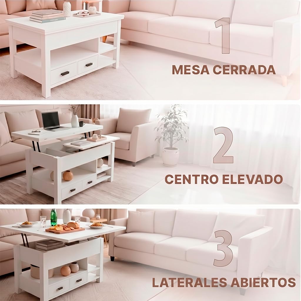 Marctani Mesa de Centro elevable 3 en 1 - Mesa de Centro Blanca con Almacenamiento Oculto y 2 Cajones, Mueble de Salón Extensible en Madera MDF para Escritorio y Comedor