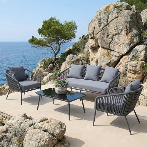 Image of Amazon Brand - Solimo Solix Outdoor Rope Sofa Set | Balcony Sofa | Patio Conversation Sets | Braided Rope Garden Sofa Set and Center Table (5 Seater-Grey)