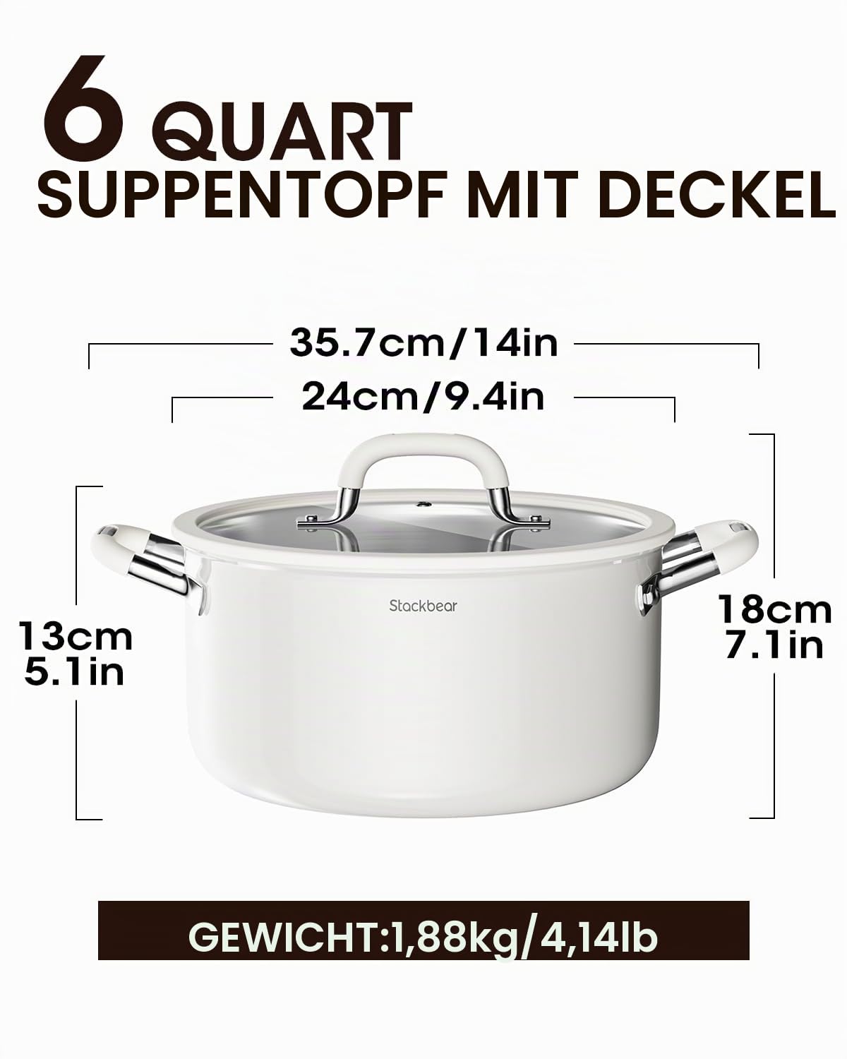 Kochtopf 24 cm, 6 L Edelstahl Suppentopf für Induktion mit Deckel