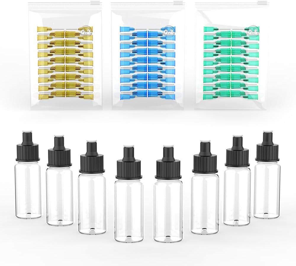 Actekart No-Clean Airbrush Accessories Kit - 8-Piece Paint Bottles & 150 Disposable Nozzles (0.2/0.3/0.5mm 50 Each) | Compatible with TK-AB0078 Airbrush