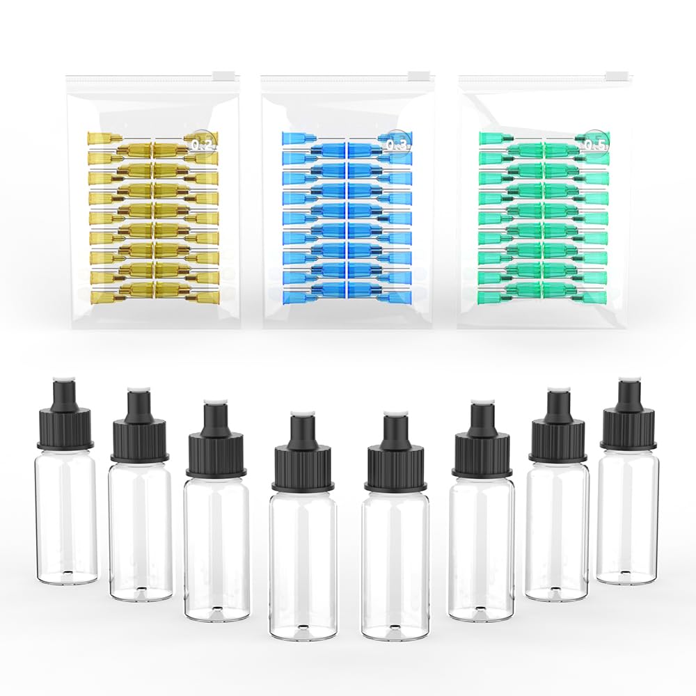 Kit di accessori per aerografo No-Clean, 8 flaconi di vernice e 150 ugelli usa e getta (0,2/0,3/0,5 mm 50 ciascuno), compatibile con aerografo TK-AB0078