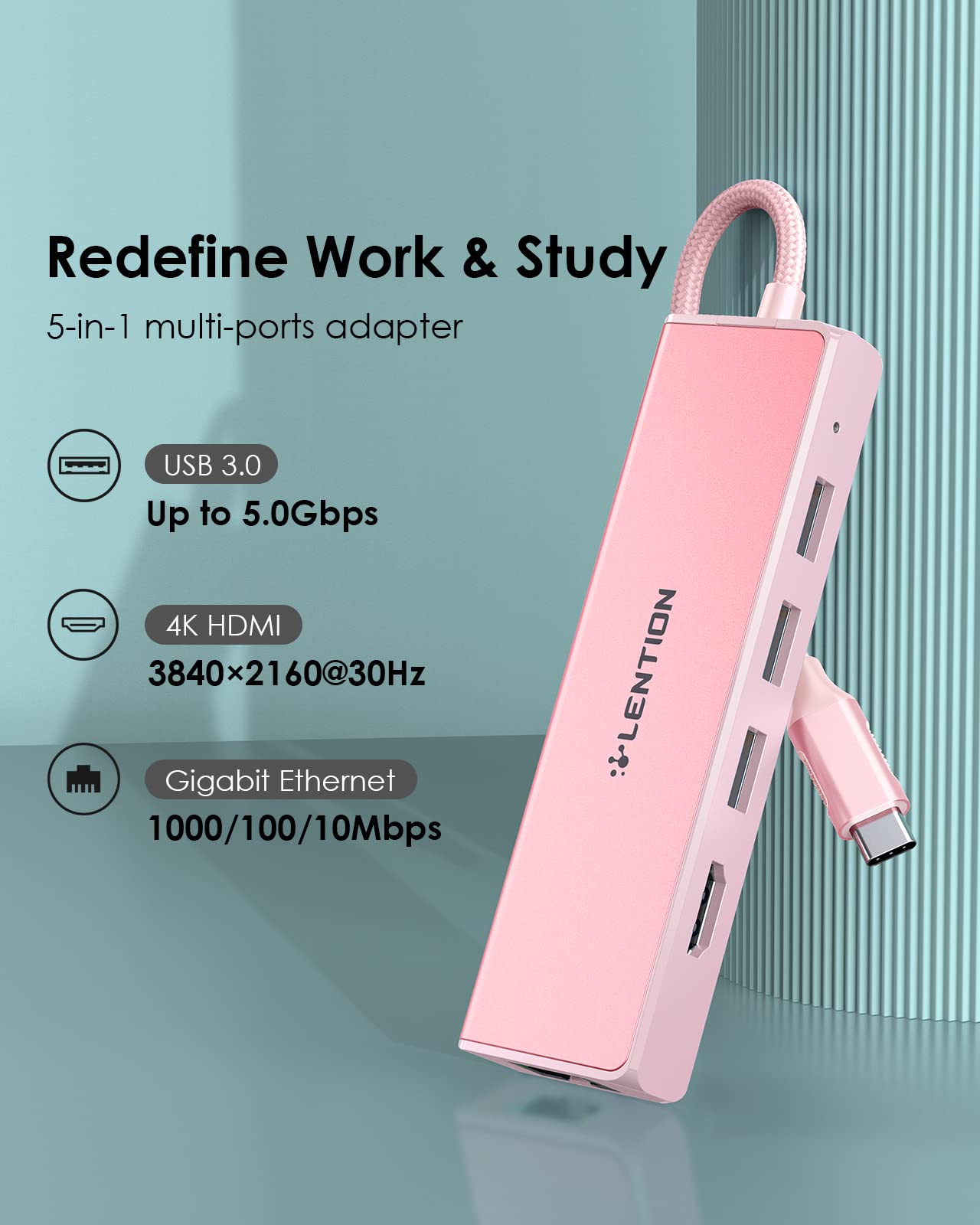 LENTION Hub USB C a HDMI 4K, Ethernet 1000M, 3 Dongle USB 3.0, Adattatore per 2023-2016 MacBook Pro M2 M1, Nuovo Mac Air, iPhone 15 Plus Pro Max, Surface Pro 9, Chromebook (C25, Oro Rosa)