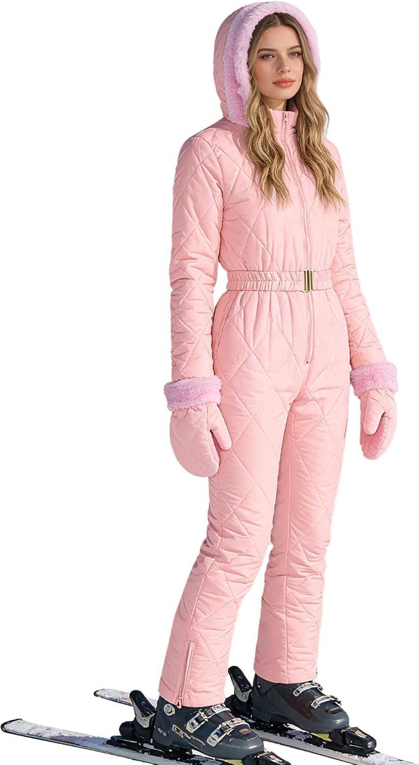 CHICTRY Women's Waterproof Ski Jumpsuit Insulated Winter Full-Body Snowsuit for Outdoor Skiing Trips Pink Medium