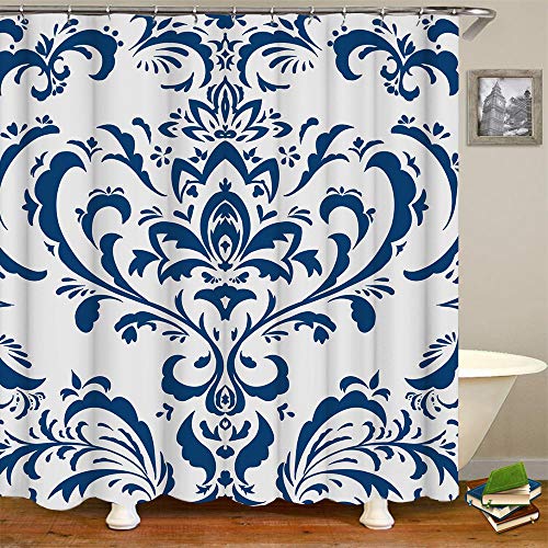 Ryounoart Navy Blue Damask Shower Curtain Indigo Paisley Bathroom Curtain Waterproof Fabric With 12 Hooks 72X72 Inch #TOP1
