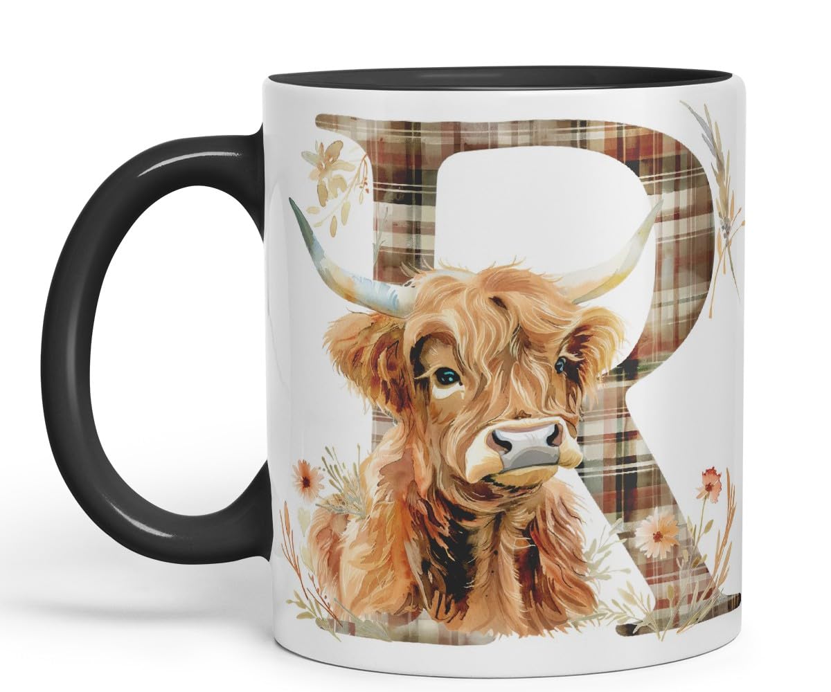 Vixar Highland Cow Alphabet Monogram Coloured Ceramic Cup Mug – Letter R – Rustic Farmhouse Animal Letter Gift – 11oz (Black)