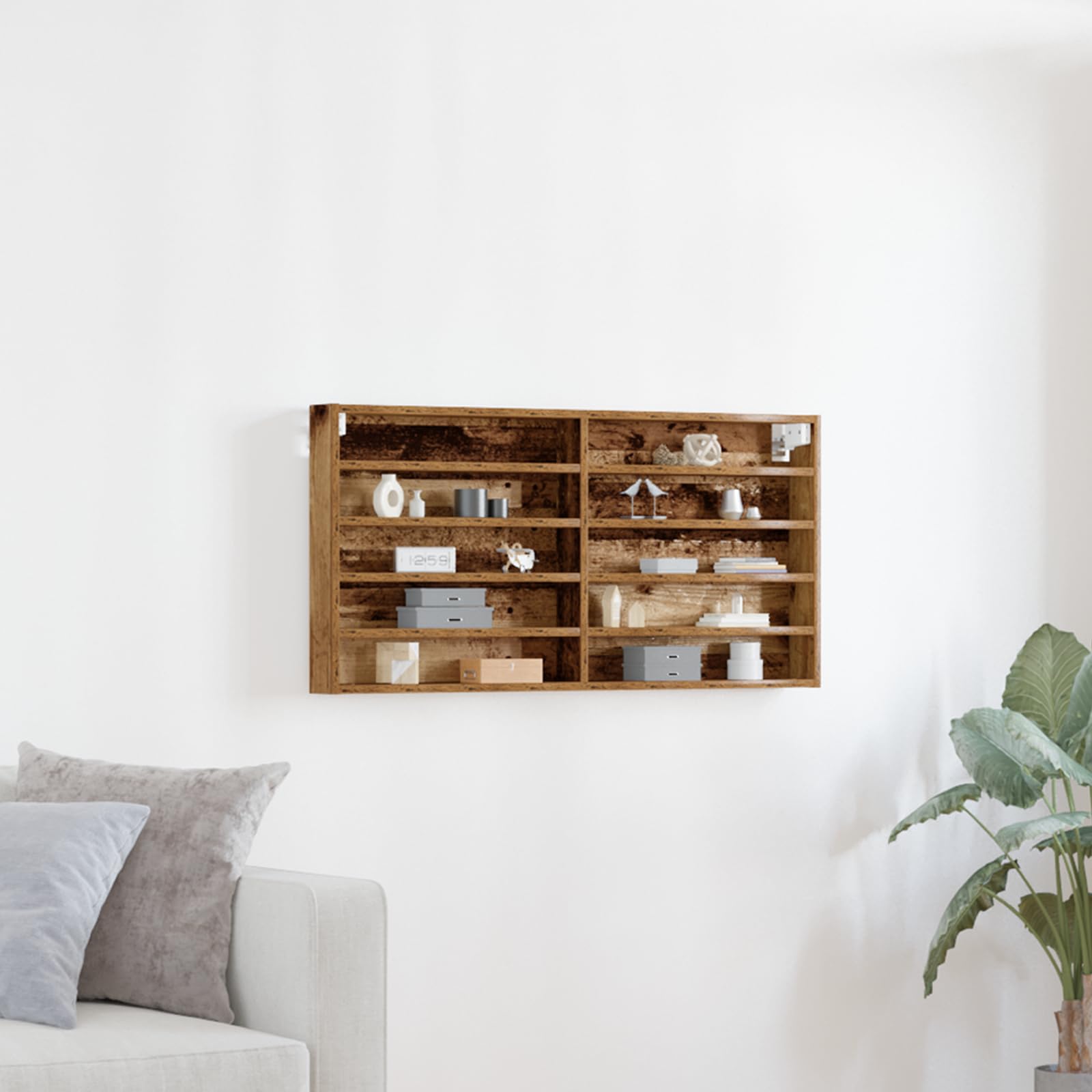 Wandregal aus Massivholz Recyceltes Holz Rustikal Braun 100x8.5x50 cm mit 8 Fächern für Bücher Pflanzen Deko Wohnzimmer Schlafzimmer Büro