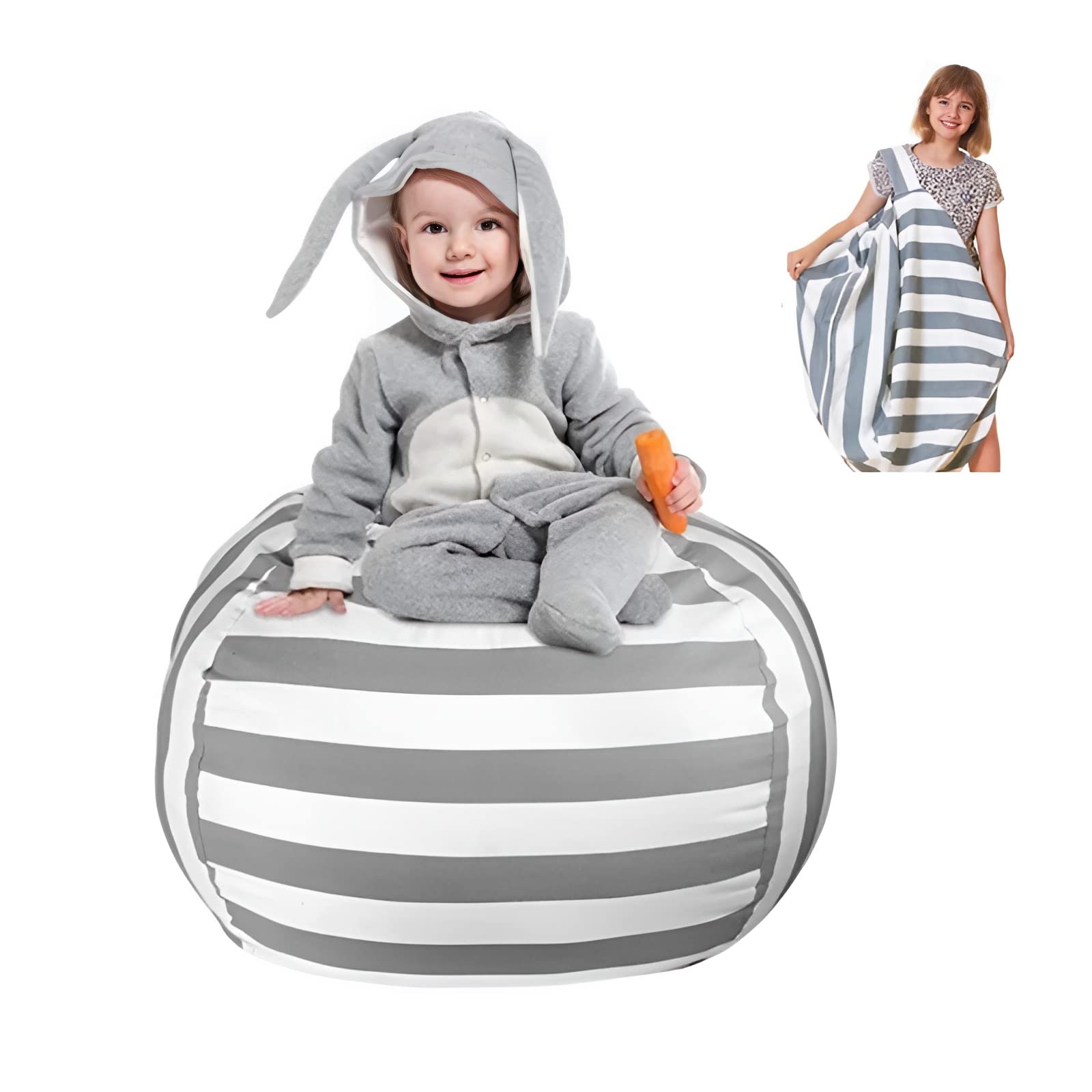 BeauentyStuffed Animal Bean Bag Storage Chair,28 Inch Bean Bag Cover Only for Organizing Plush Toys,turns Into Bean Bag Seat for Kids When Filled,Beanbag Chairs -Canvas Stripes Grey/White