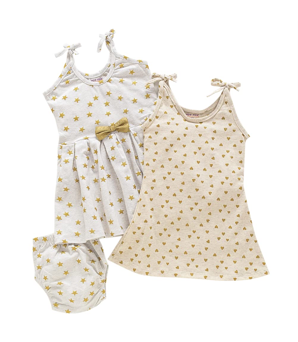 pom-pom SWEET HEARTSPom-Pom Sweethearts Printed 2Pcs Cotton Frock & 1 Pcs Bloomer for Baby Girl for Daily Summer Wear