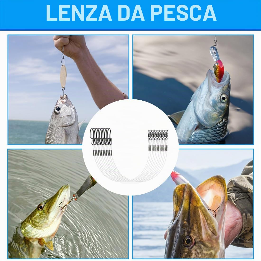 12 Pezzi Leader di pesca del fluorocarbon Leader del fluorocarbon per la pesca d'acqua dolce linea di piombo del fluorocarbon con le girelle Spinning o Ami Carpfishing Trasparenti